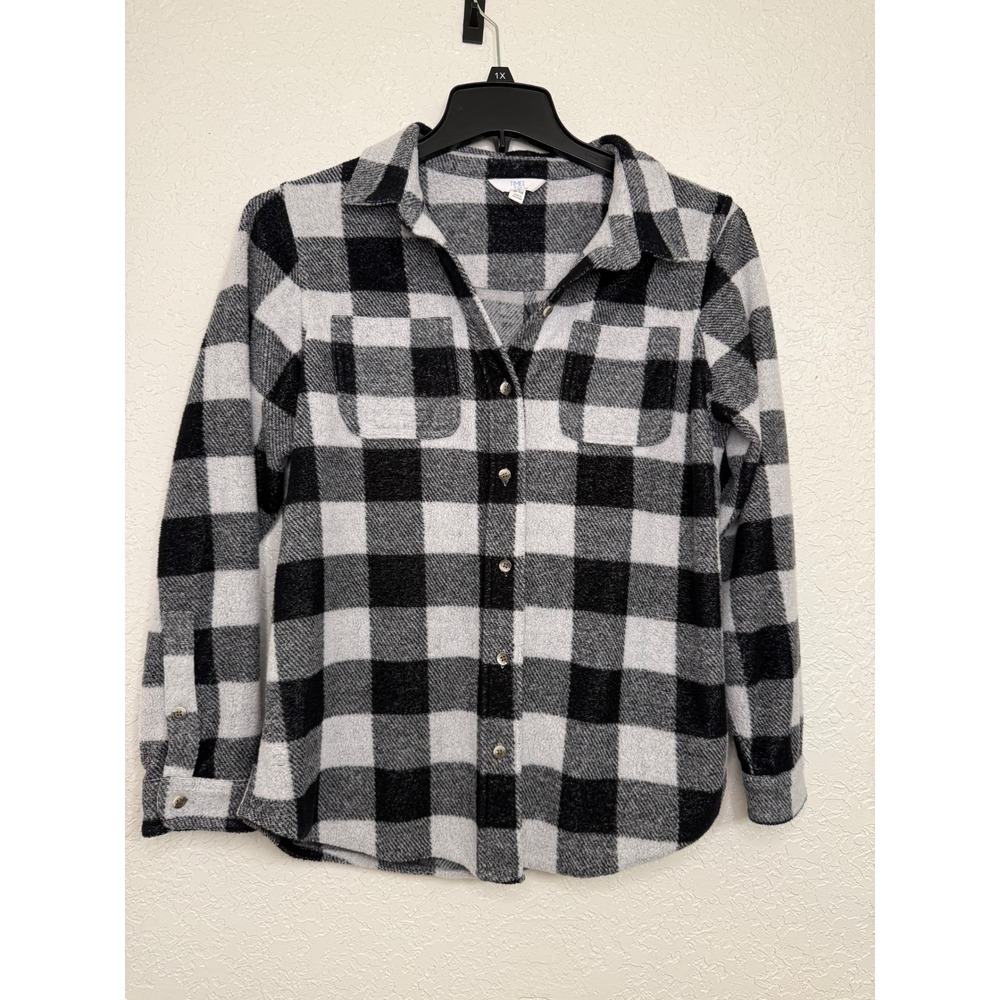 Time and Tru Womens Black White Buffalo Plaid Button Down Shirt Size M 8-10